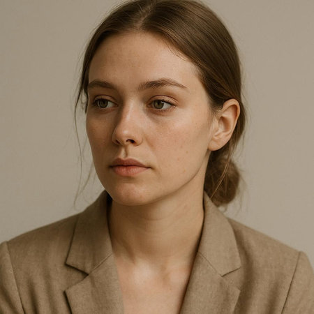 Portrait of a young beautiful girl in a beige suit.