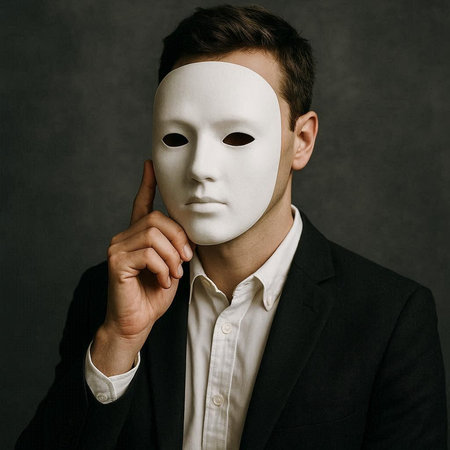 Young businessman with white mask on his face. Studio shot on dark background.