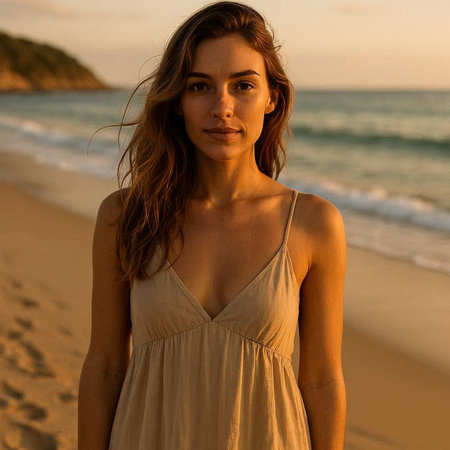 Portrait of a beautiful young woman on the beach at sunset.の写真素材