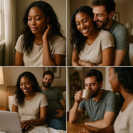 Collage of happy multiethnic couple using laptop at home and drinking coffee