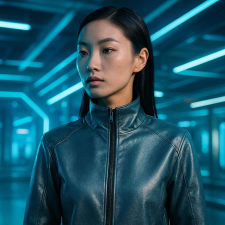 beautiful asian woman in leather jacket looking at camera in corridor