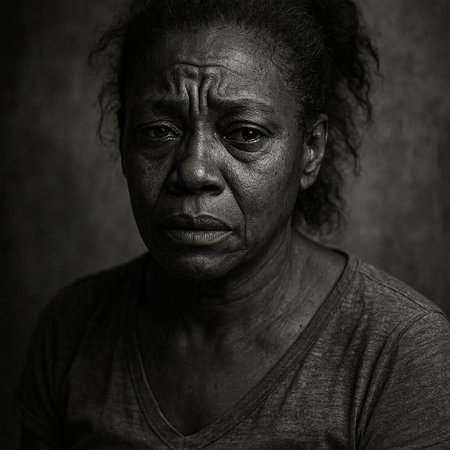 Portrait of an elderly African woman in depression. Black and white.