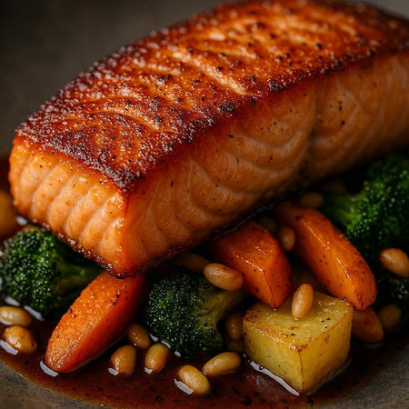 Salmon fillet with vegetables - broccoli, carrots and pumpkin.