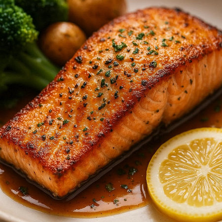 Roasted salmon fillet with broccoli, lemon and parsley.