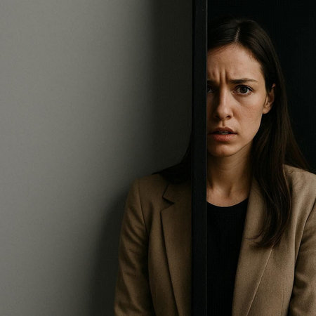 young attractive sad woman in beige trench coat looking at herself in mirror isolated on grey...