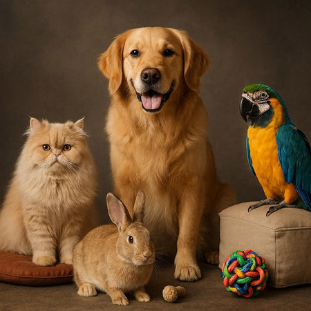 Golden Retriever, Macaw, dog and cat in studio