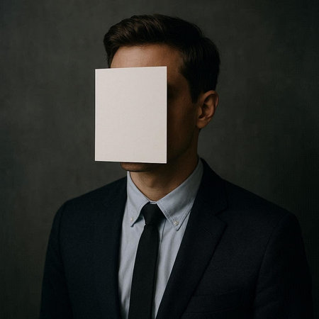 Businessman hiding his face behind a sheet of paper on a dark background