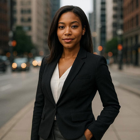 Portrait of a young businesswoman in a business suit on the street
