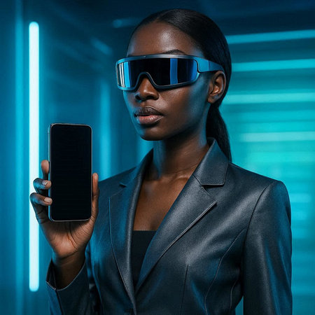 african american woman in 3d glasses holding smartphone with blank screen