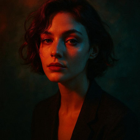 Portrait of a beautiful young woman in a black suit on a dark background.
