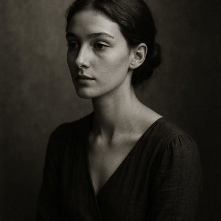 Black and white portrait of a beautiful young woman in a black dress
