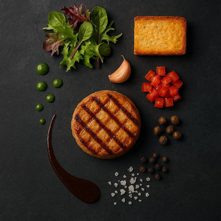 Grilled hamburger with vegetables and spices on black background, top view