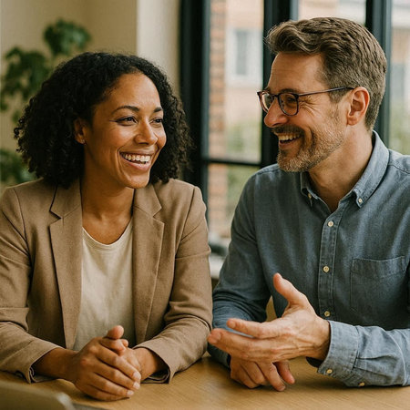 Cheerful mature couple sitting at table in cafe, talking and laughing