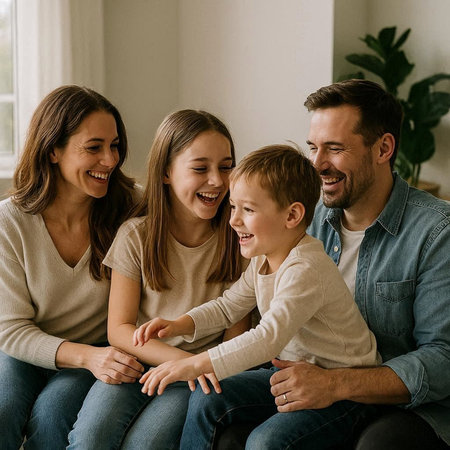 Portrait of a happy family looking at camera and smiling while sitting on sofa at home