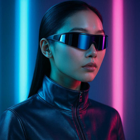 beautiful asian woman in sunglasses looking at camera in neon light