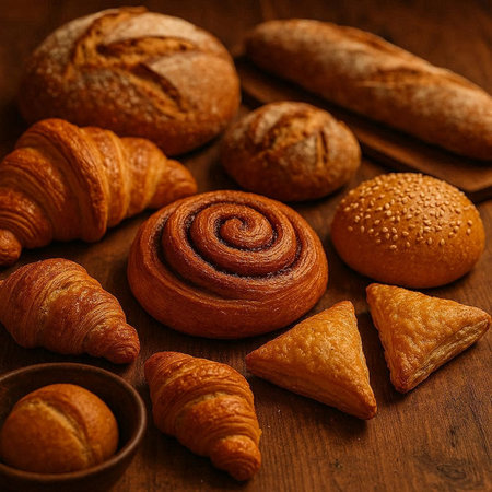 Bakery products on wooden table. Croissants, buns and rolls