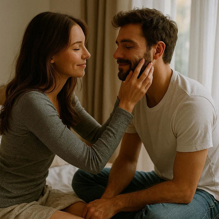 Young couple in love sitting on the bed and talking on the phone