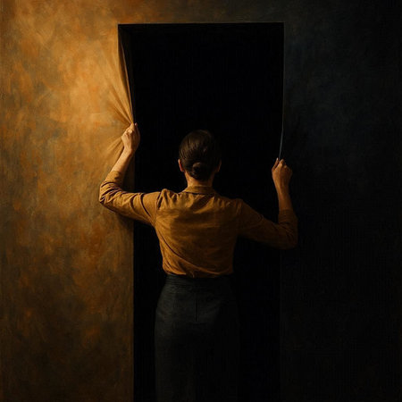 Man in yellow shirt opens a black curtain on a dark background.