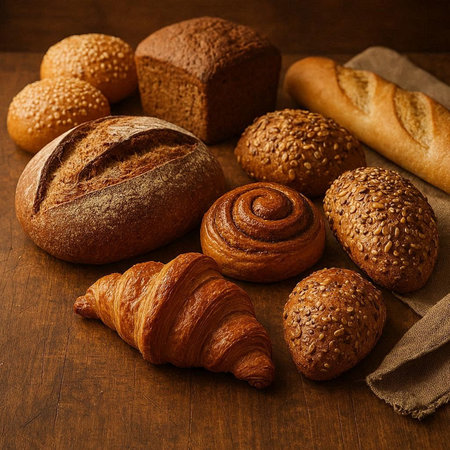 Variety of baked bread on wooden table. Bakery background.