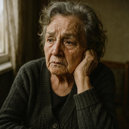 Portrait of an elderly woman sitting at home. Toned.