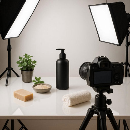Interior of a modern photo studio with lighting equipment and cosmetics.