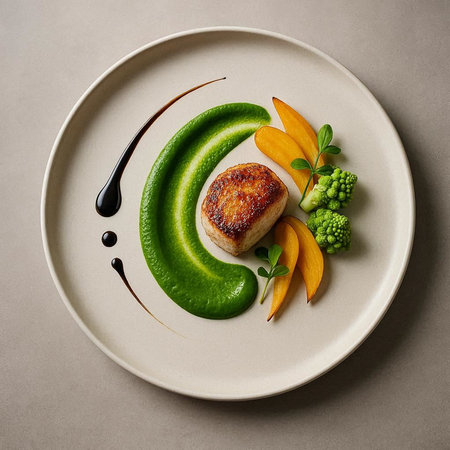 Fried fish fillet with green sauce and vegetables on a plate