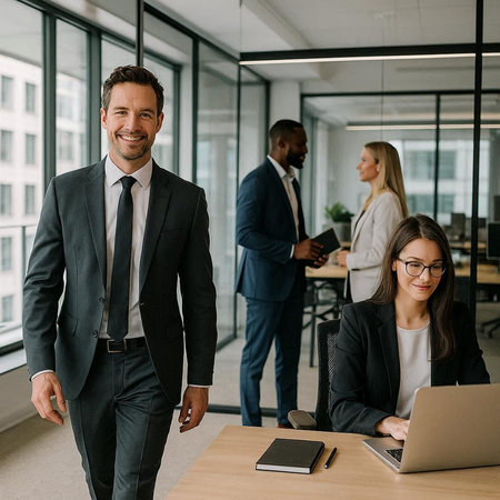 smiling businessman in formal wear looking at camera near multicultural colleagues in office