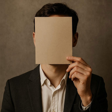 Businessman covering his face with a blank sheet of paper in his hand