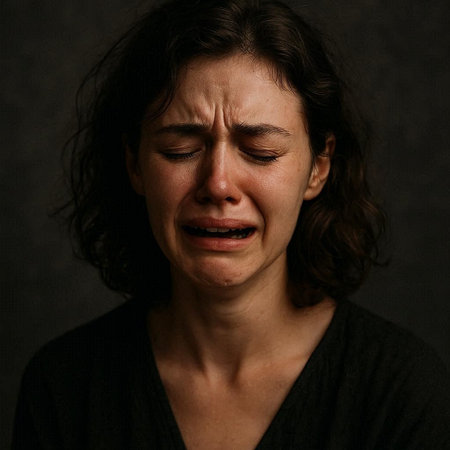 Portrait of a young woman crying on a dark background in the studio