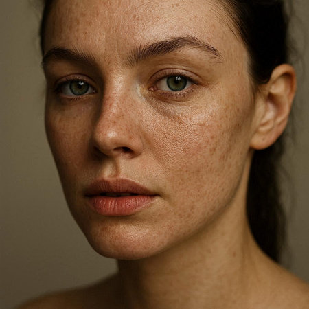 Portrait of beautiful young woman with freckles on her faceの写真素材