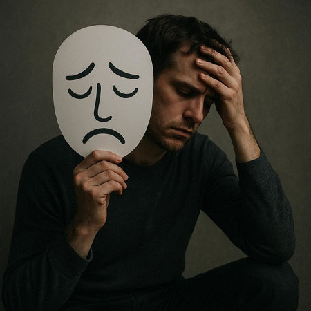 Sad man holding a paper with sad face. Sadness concept.