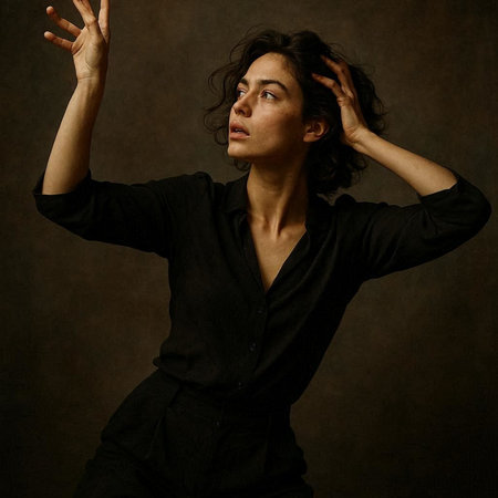 Portrait of a beautiful brunette woman in black clothes on dark background