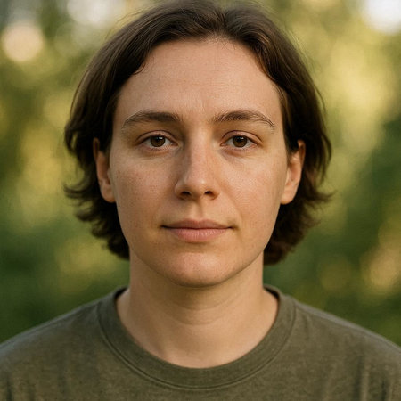 Portrait of a young man in a green t-shirt.の写真素材