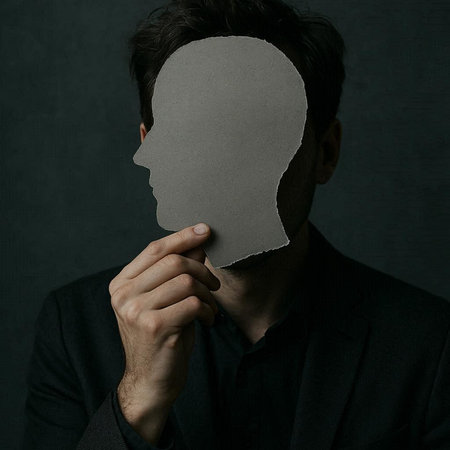 Businessman hiding his face behind a piece of paper on dark background