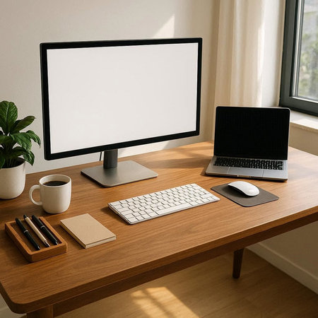 Modern workplace with computer, supplies and coffee cup on wooden table. Workplace concept