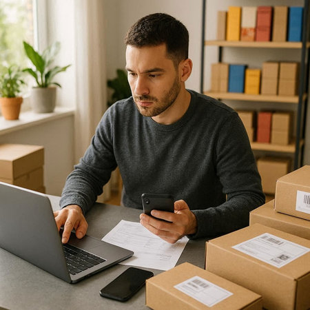 Serious young man working on laptop and using smartphone while sitting at table in warehouse