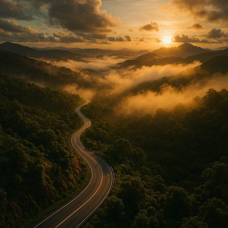 Aerial view of road in the mountains at sunset, Thailand.