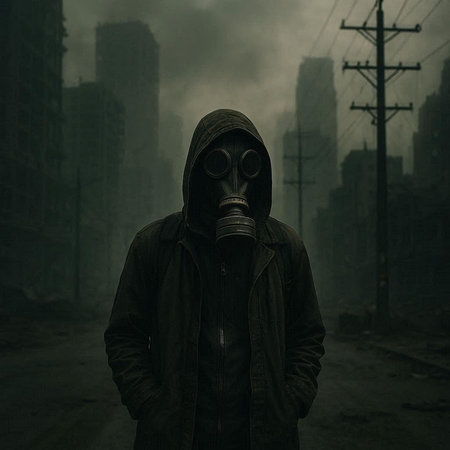Man in a gas mask on a background of a destroyed city.