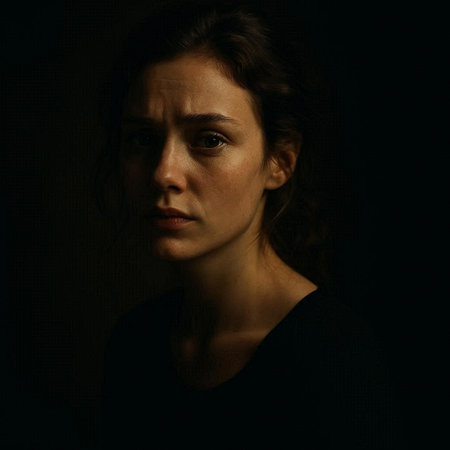 Portrait of a young sad woman on dark background, low key