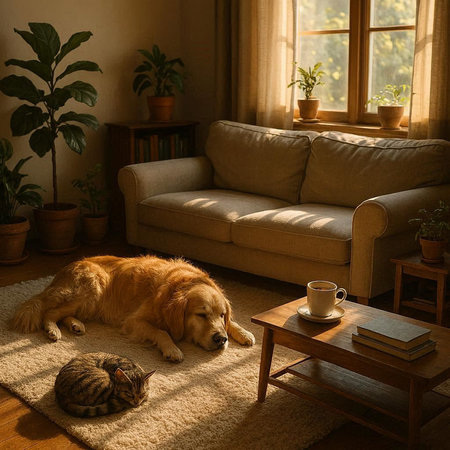 Dog and cat in the living room with a cup of coffee.の写真素材