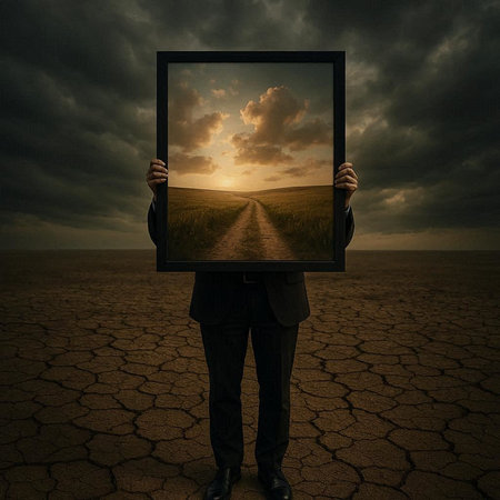 Businessman holding a picture frame in the desert with dramatic sky background