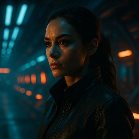 Fashionable young woman in a black leather jacket on a dark background in the city.