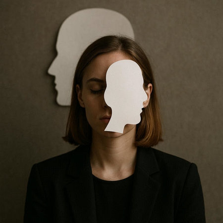 Woman with a paper mask on her face. Conceptual image.