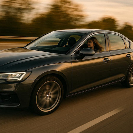 Beautiful young woman driving a car on the road in motion blur