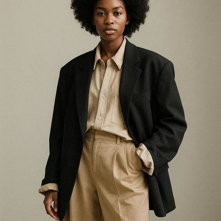 Young african american businesswoman wearing a black jacket and beige pants