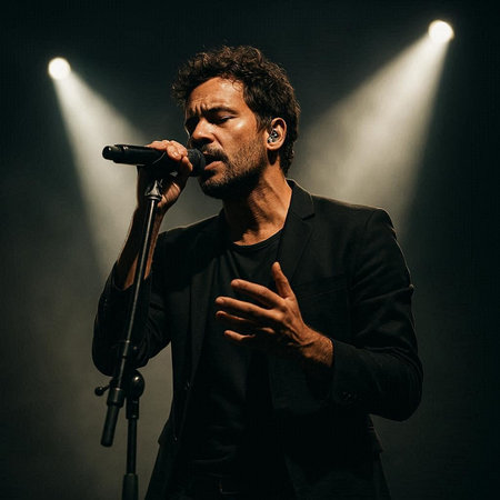 Portrait of a singer performing on stage in a dark room.