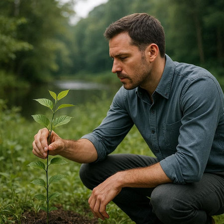 Young man planting a tree in the forest on a rainy day.