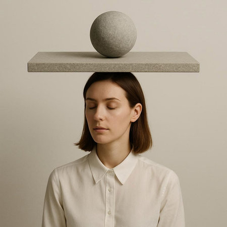 Young woman with a stone ball on her head. Studio shot.