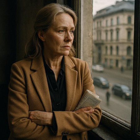 Portrait of an elderly woman looking out the window with a book.