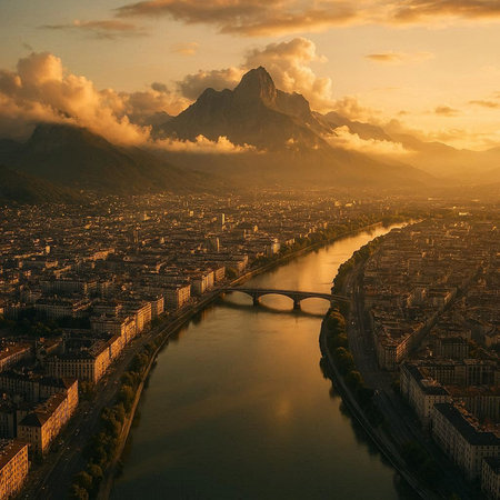 Aerial view of the city of Turin, Italy at sunset.